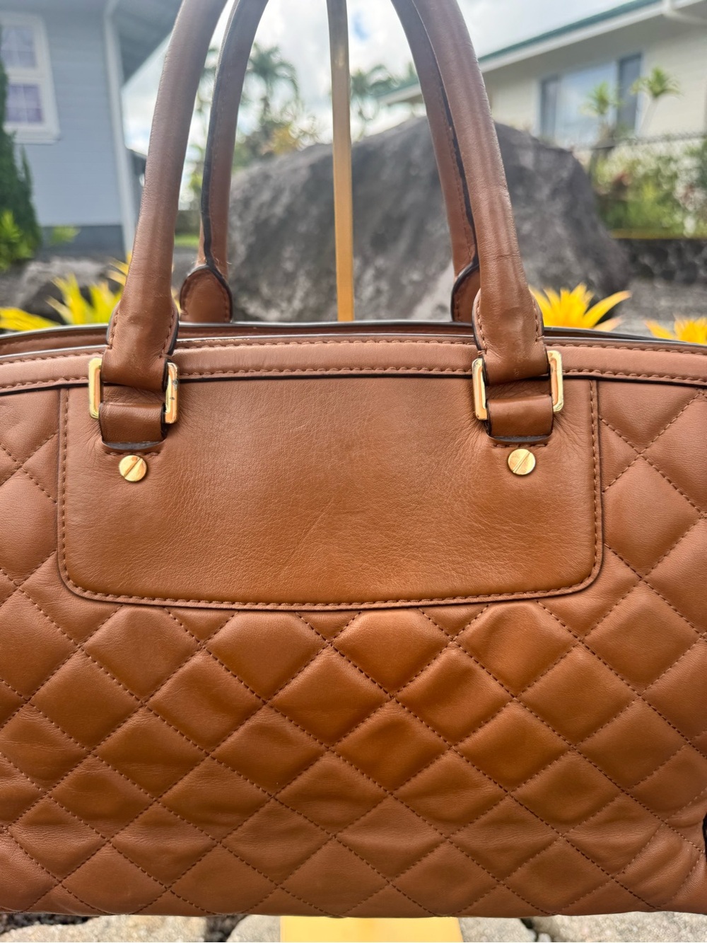 MICHAEL Michael Kors Quilted Leather Satchel Brown Gold Tone Shoulder Bag - Picture 9 of 14